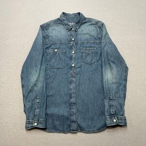 Gap Western Shirt Women's Large Blue Denim Long Sleeve Classic Half Button Retro